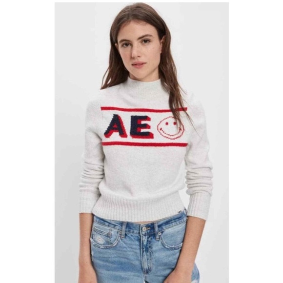 American Eagle Logo Smiley Face Graphic Mock Neck Sweater - Picture 1 of 5